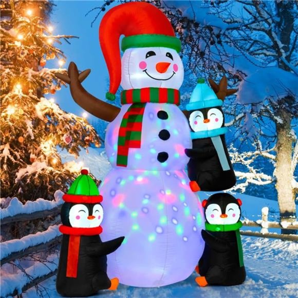 Outdoor Christmas Decorations, 6FT Inflatables Snowman and Penguins with Light